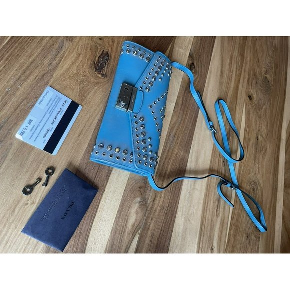Turquoise Prada Wallet Purse Crossbody Rhinestone and Rivet detail Perfect Cond - Picture 2 of 10